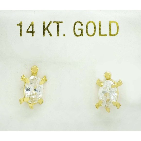 White Sapphires Turtle Stud Earrings 14K Gold